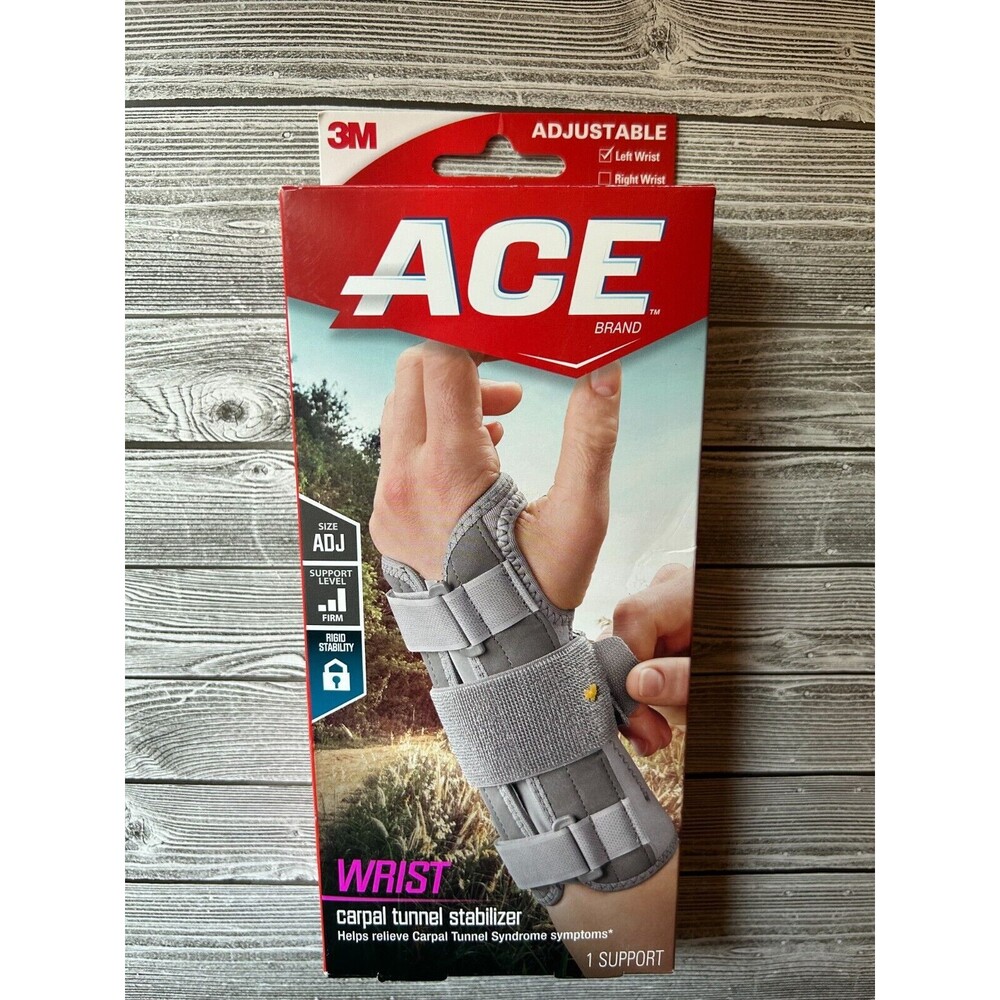ACE Carpal Tunnel Wrist Stabilizer LEFT Wrist Firm Adjustable Rigid Gray